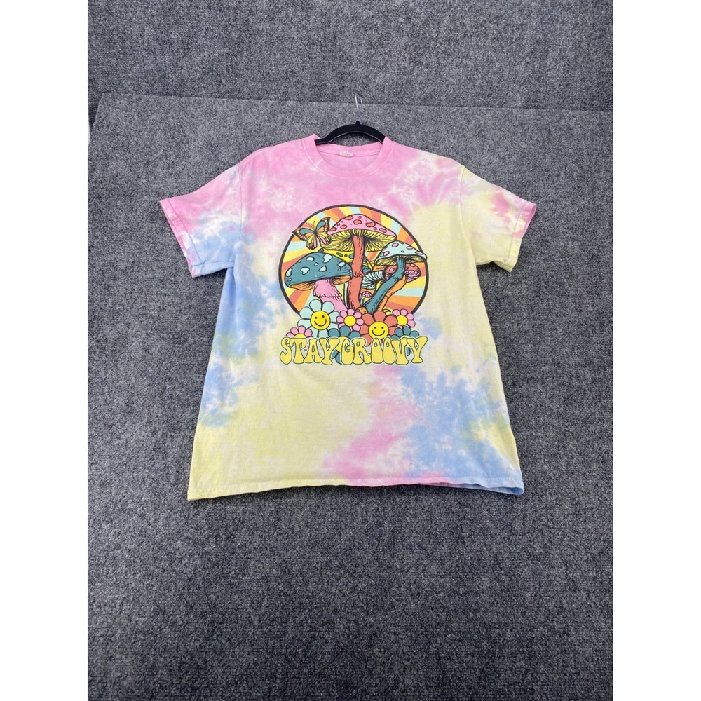 Stay Groovy Mushroom Graphic Tee Pastel Tie Dye T-Shirt Women Medium Pink Yellow